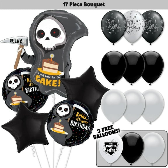 17pc Over the Hill Balloons Grim Reaper Balloon Bouquet Kit - Funny Birthday Party Decor Decoration Supplies