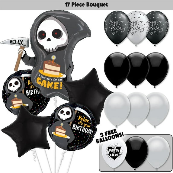 17pc Over the Hill Balloons Grim Reaper Balloon Bouquet Kit - Funny Birthday Party Decor Decoration Supplies