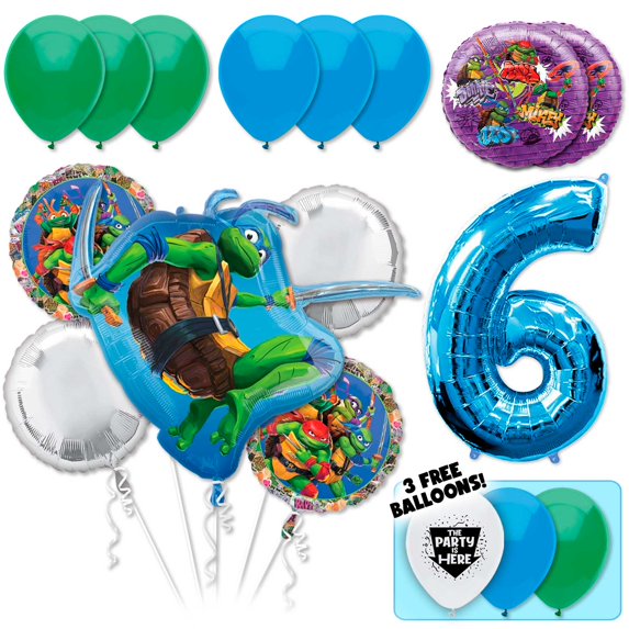 17pc Teenage Mutant Ninja Turtles Balloon Kit with 42” Blue Number 6 Balloon - TMNT 6th Birthday Party Decoration Supplies