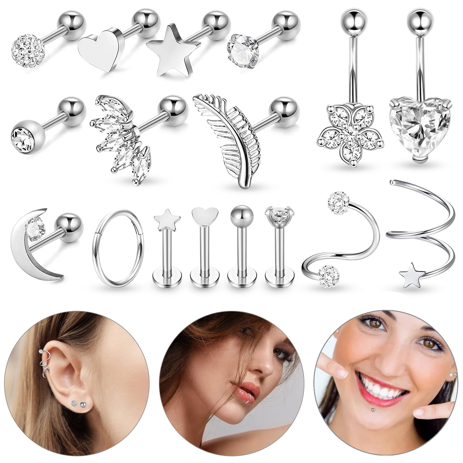 17pcs 16G Tragus Earrings, EEEkit Stainless Steel Cartilage Helix ...