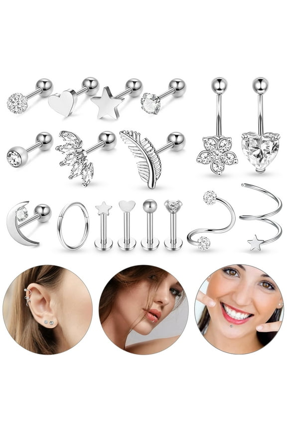 17pcs 16G Tragus Earrings, EEEkit Stainless Steel Cartilage Helix Earrings, Conch Earring Studs, Hoop Earring, Lip Rings, Labret Studs, Piercing Jewelry for Women Men, Silver