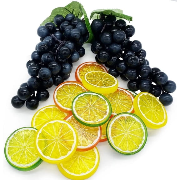 17pcs Artificial Grapes Fake Lemon Slice Set, 2 Artificial Black Grapes Clusters, 15 Artificial Lemon Slice Lifelike Fruit for Home Decoration Party Faux Fruit Props
