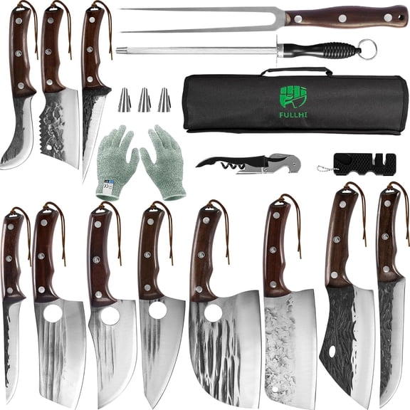 17pcs Butcher Chef Knife Set include sheath High Carbon Steel Cleaver Kitchen Knife Whole Tang Vegetable Cleaver Home BBQ Camping with Knife Bag