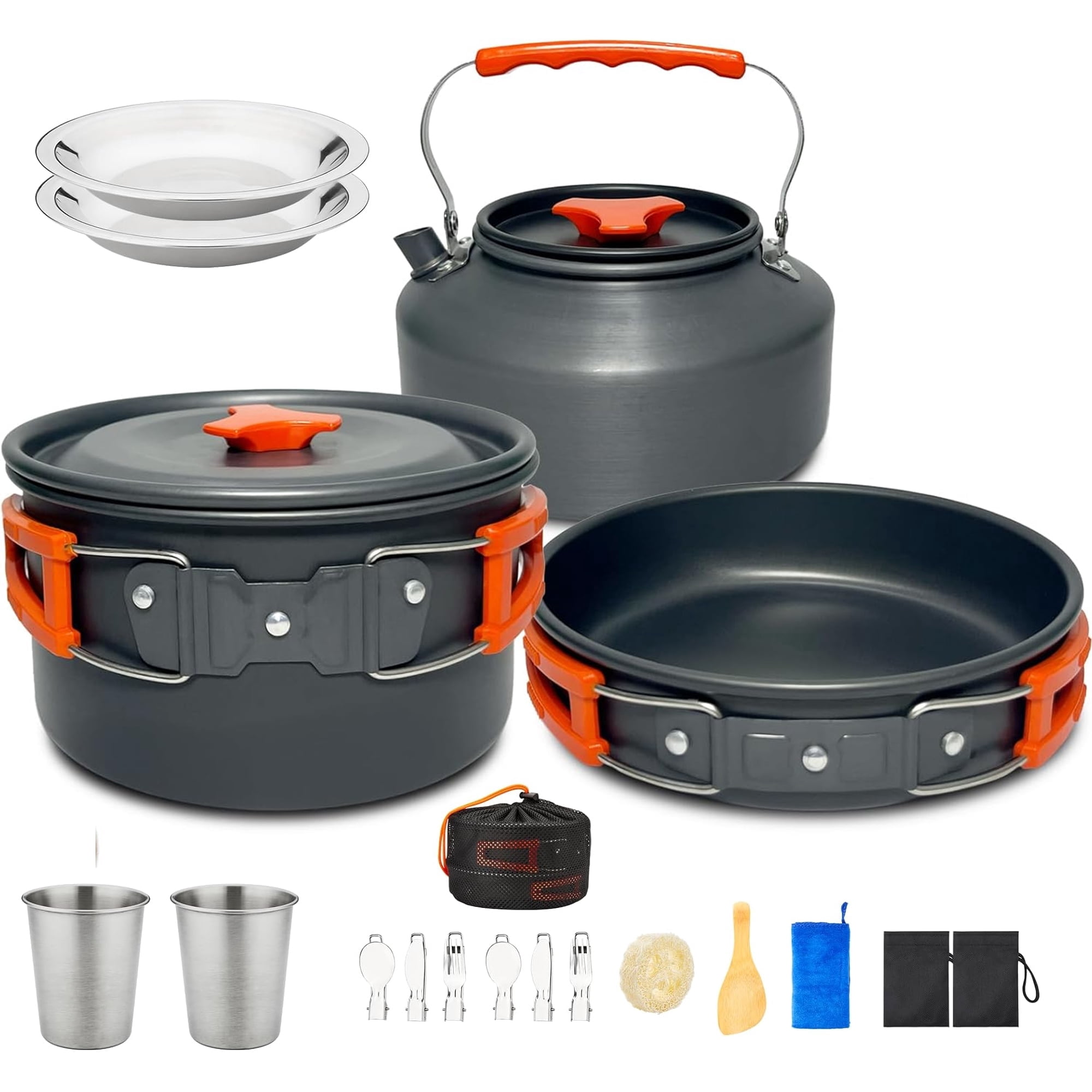 17pcs Camping Cookware Kit, 0.45Gal Pot, 7" Pan, 0.30Gal Kettle Set with 2 Set Stainless Steel Cups Plates Forks Knives Spoons for Hiking