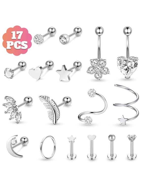 17pcs Cartilage Hoop Earrings for Women, TSV 16G Surgical Steel Tragus Earrings, Hinged Hoop Rings and Straight Bar Earrings Set, Stud Monroe Lip Rings Studs Rook Conch Earring Hoop Piercing Jewelry