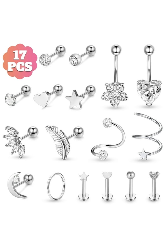 17pcs Cartilage Hoop Earrings for Women, TSV 16G Surgical Steel Tragus Earrings, Hinged Hoop Rings and Straight Bar Earrings Set, Stud Monroe Lip Rings Studs Rook Conch Earring Hoop Piercing Jewelry