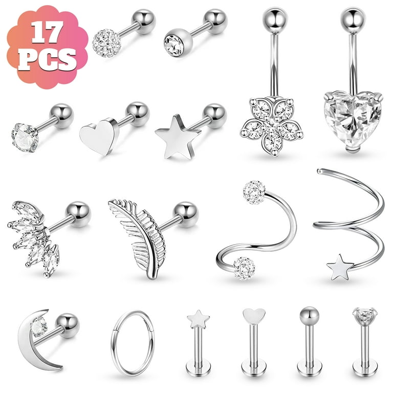 17pcs Cartilage Hoop Earrings for Women TSV 16G Surgical Steel Tragus Earrings Hinged Hoop Rings and Straight Bar Earrings Set Stud Monroe Lip