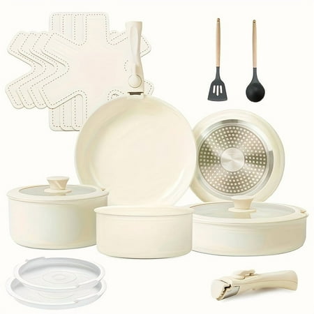 17pcs Ceramic Nonstick Kitchen Pots And Pans Set Cookware Sets With Removable Handles, Non-toxic Essential RV Kitchen Set, Oven & Dishwasher Safe, Stackable, Induction Ready, Including Frying Pans