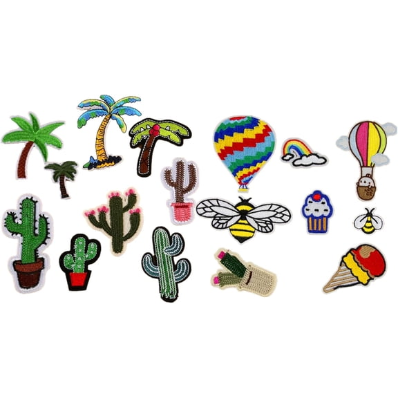17pcs Coconut Tree Cactus Hot Air Balloon Bees Dessert Embroidered Tropical Hawaii Patches Sew Iron on Appliques Motif