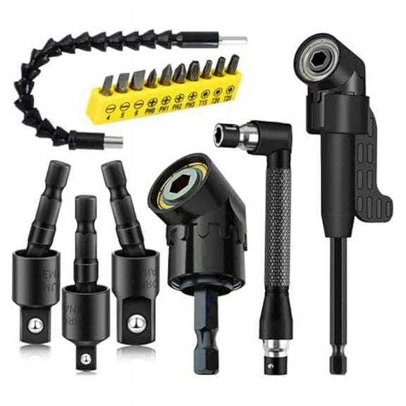 17pcs Flexible Drill Bit Extension,3pcs Rotatable Socket Adapter,3pcs Right Angle Attachment,10 Screwdriver Bits