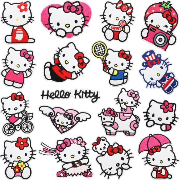 17pcs Hello Anime Cute Cat White Cute Cartoon Kids Embroidered Patches, Sew/Iron On Repair Applique Embroidery Patches for T-Shirt, Jackets, Jeans, Vests,Hats, Backpacks,Bags