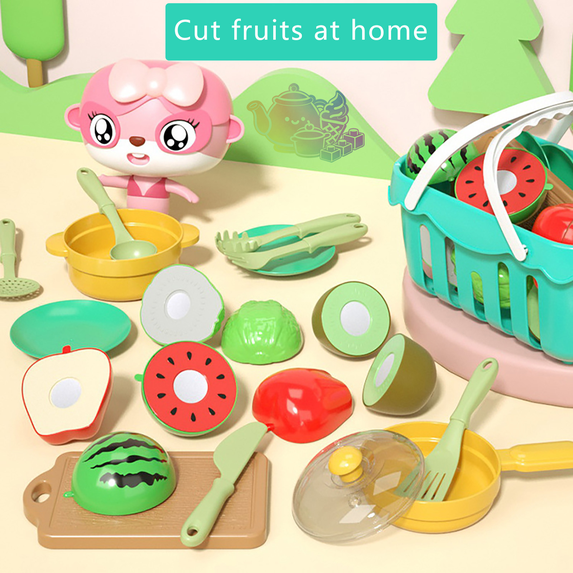 17pcs Kids Cutting Fruit Vegetable Kitchen Playset with Storage Basket, Simulation Cookware & Pretend Food, Pretend Play Toy, Cooking Role Play Toy Gift for Boys and Girls Ages 3 and Up