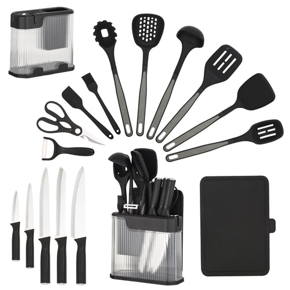17pcs Kitchen Knife Set with Block & Utensils, Non-Stick Cooking Tool Set with Cutting Board, Scissors & Sharpener, Essential Culinary Prep Kit Black