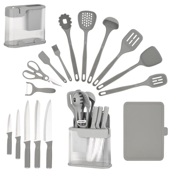 HEESEM 17-Piece Kitchen Knife Set with Block, Utensils & Built-In Sharpener,Gray