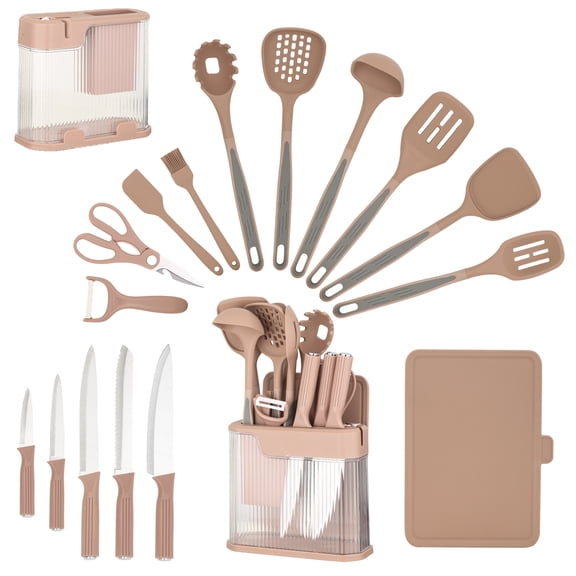 HEESEM 17-Piece Kitchen Knife Set with Block, Silicone Utensils & Built-In Sharpener-Pink