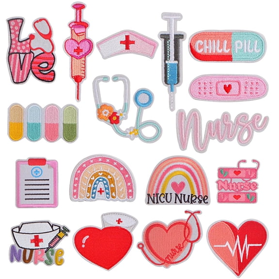 17pcs Nurse's Day Iron on Patches for Clothes, Cartoon Anime Pill Heart Rainbow Syringe Medical Nursing for T-Shirts Jeans Jackets Backpacks Hats