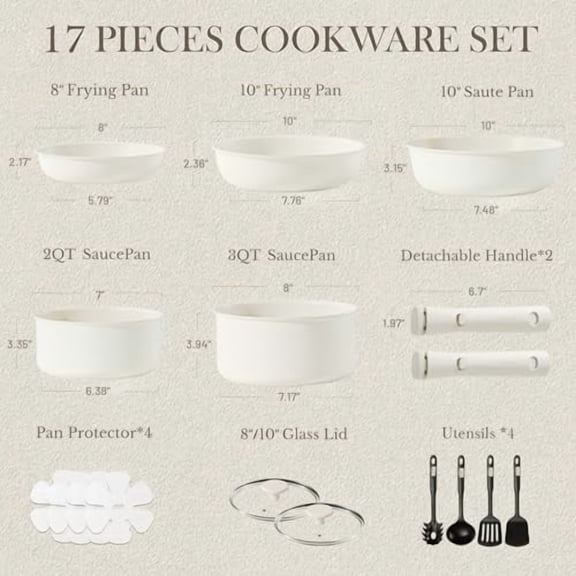 17pcs Pots and Pans Set, Nonstick Cookware Set Detachable Handle, Induction Kitchen Cookware Sets Non Stick with Removable Handle, RV Cookware Set, Oven Safe