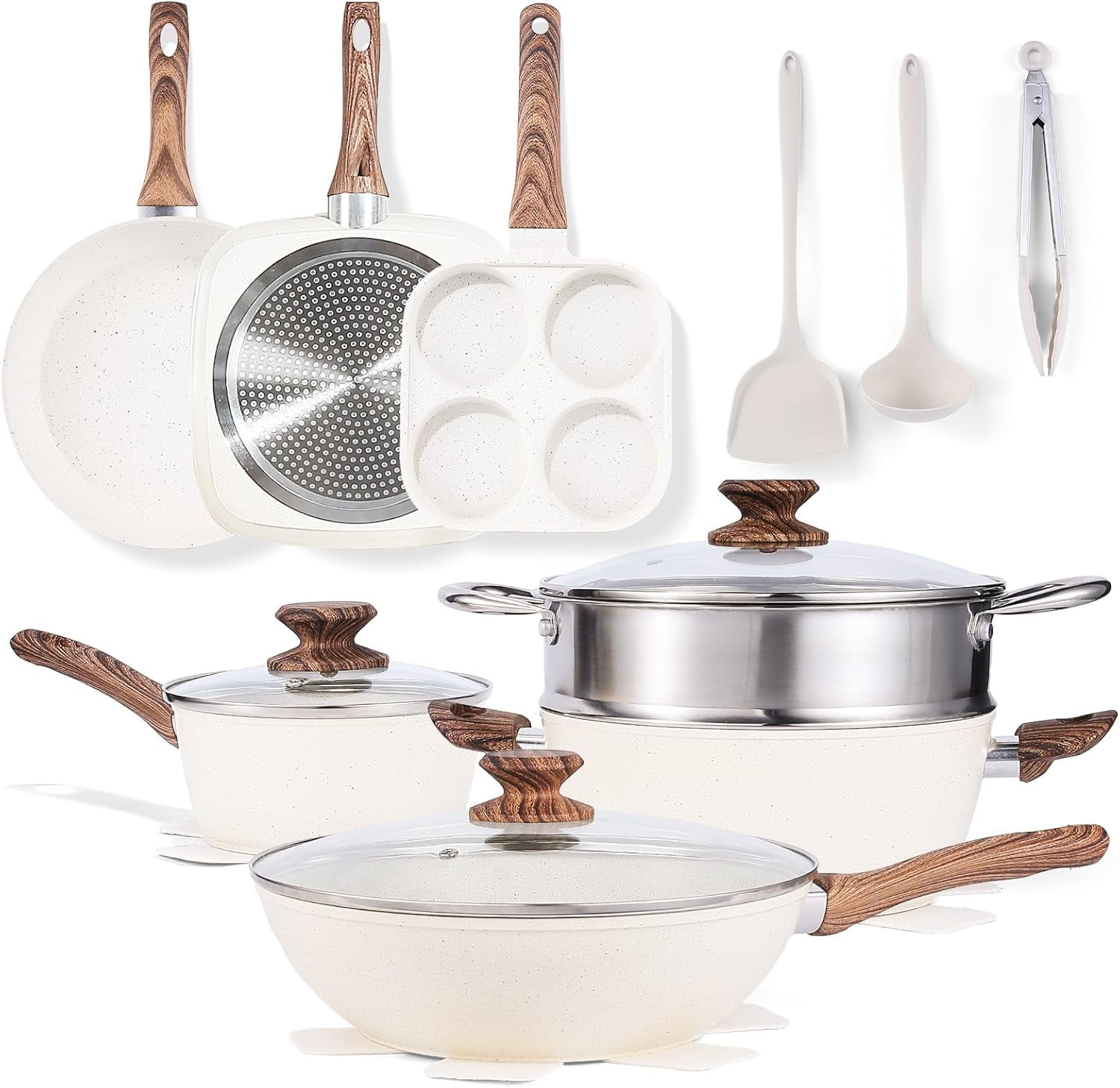 17pcs Pots and Pans Set, Nonstick and Non-Toxic Cookware Set with Stay-Cool Handles, Induction Compatible, Oven Safe, White
