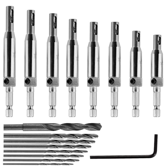 17pcs Self Centering Drill Bit Set for Metal Woodworking, 8 Sizes 1/4 Inch Hex Shank Vix-Bit Self-Centering Bits Hinge Centering Tool with Hex Key & 8 Replacement Drill Bits, 5/64-1/4 Inches