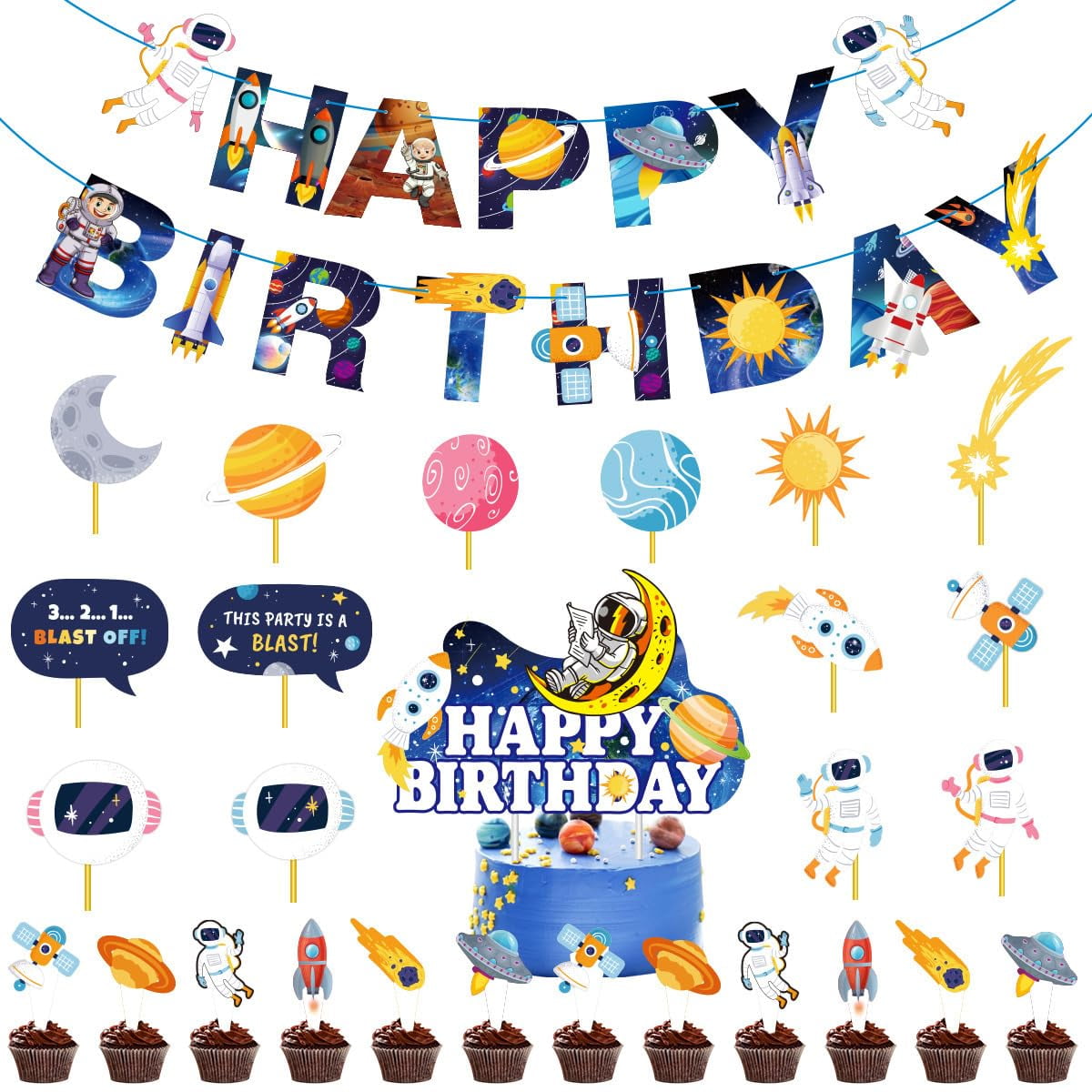 Astronaut Cake & Cupcake Topper Set - Birthday Party Decorations For Kids (1 Large + 6 Small Toppers)