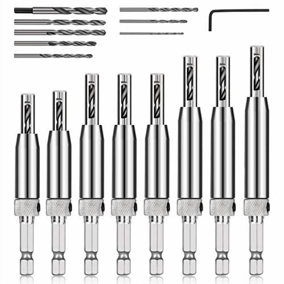 17pcs VIX Bits Self Centering Drill Bit Set, 1/4" Hex Shank Self Centering Hinge Drill Bit Set for Woodworking Window Door Hinge, Quick Change with 1 Hex Key & 8 Drill Bits 5/64-1/4
