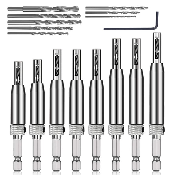 17pcs VIX Bits Self Centering Drill Bit Set, 1/4" Hex Shank Self Centering Hinge Tapper Core Drill Bit for Woodworking Window Door Hinge with 1 Hex Key & 8 Drill Bits 5/64-1/4"