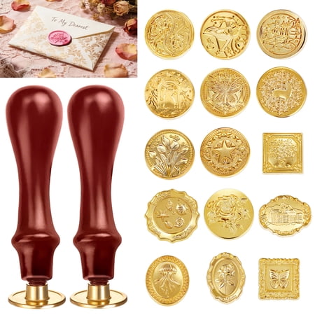 17pcs Wax Seal Stamp Kit, TSV Vintage Classic Sealing Wax Stamp Heads with 2pcs Wooden Handle, for Wedding, Letters, Party Invitations, Gift Wrapping
