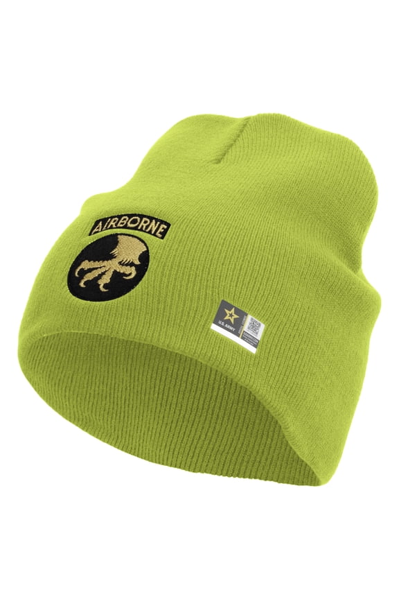 17th Airborne Division Embroidered 8 Inch Knitted Short Beanie - Lime OSFM