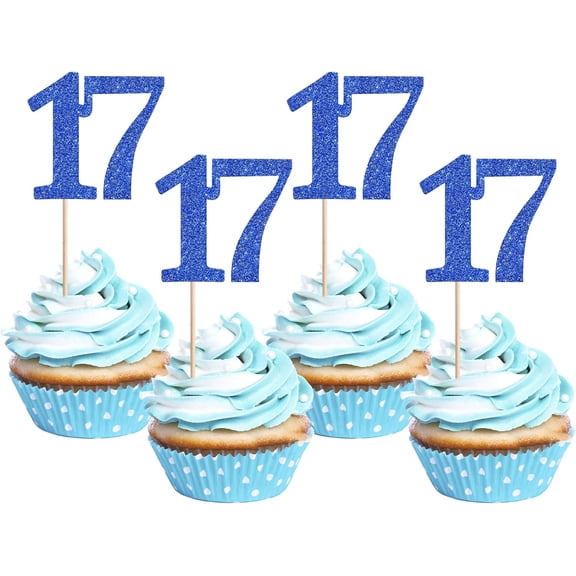 17th Birthday Cupcake Toppers 12 PCS, Blue Glitter Number 17 Cupcake Picks for 17th Birthday Party Decorations