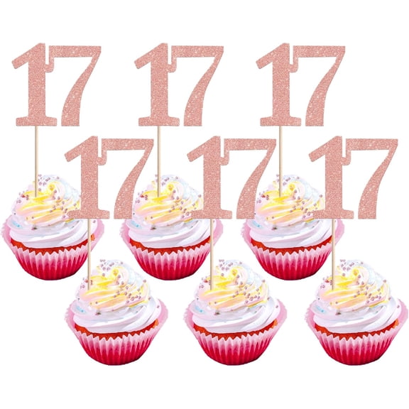 17th Birthday Cupcake Toppers 12 PCS, Rose Gold Glitter Number 17 Cupcake Picks for 17th Birthday Party Decorations