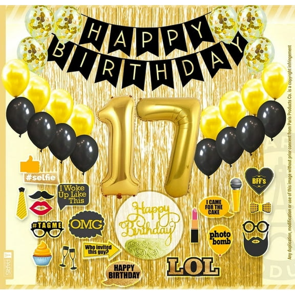 17th Birthday Decoration Black and Gold for Boy & Girl, 17th Cake Topper, 17th Party Supplies for Her and Him, 17th Birthday Photo Props