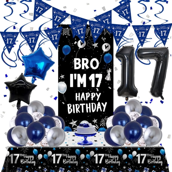 17th Birthday Decorations for Boys Girls, Dark Blue Year Old Bday Decorations with Happy 17th Birthday Banner Backdrop Tablecloth, Party Supplies with Balloon Numbers, Triangle Flag, Foil Stars Y114