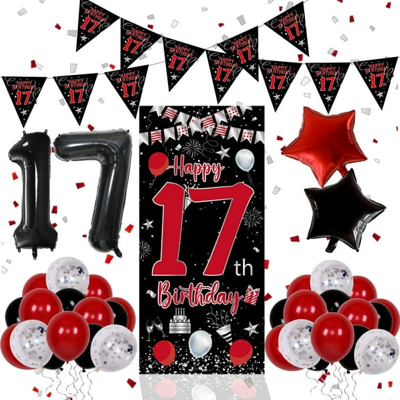 17th Birthday Decorations for Boys, Red Black Happy 17th Birthday Balloons Decorations for Girls, Boy 17 Year Old Door Banner, Triangle Flag, Large 17 Balloons Decor for 17 Bday Party Supplies Y114