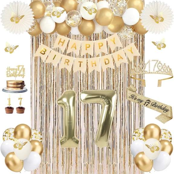 17th Birthday Decorations for Girls, Champagne Gold Happy 17 Year Old Gifts for Girls, 17 Sash and Crown, Banner, Fringe Curtains, Hanging Paper Fans, 17th Birthday Party Decorations Y101