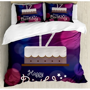 17th Birthday Duvet Cover Set, 17 Party Cake with Abstract Style Circles Print, Decorative 3 Piece Bedding Set with 2 Pillow Shams, Queen Size, Lilac Purple and Pink, by Ambesonne