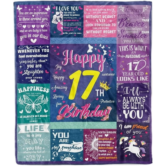 17th Birthday Gifts for Girls, Birthday Gifts for 17 Year Old Girls, 17 Year Old Girl Gifts for Daughter Granddaughter Sister Niece Teenager, Happy 17th Blanket 17th Birthday Presents, 60x50 Inch