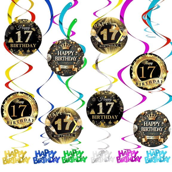 17th Black Gold Glitter Theme Party Decorations Hanging Swirl Sign Whirls Birthday Streamer Ceiling Decor Supplies 14 pcs