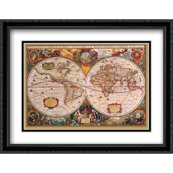 17th Century World Map 2x Matted 40x28 Large Black Ornate Framed Art Print