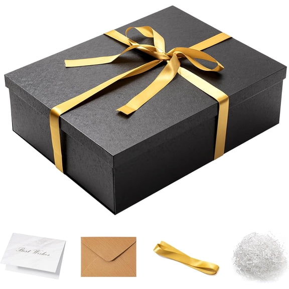 17x13x5 Inches Large Gift Box with Lid for Presents 1 Pack Big Deep Black Gift Boxes for Christmas, Birthday, Valentine's Day,Mother's Day Presents - Contains Crinkle Paper,Ribbon and Card