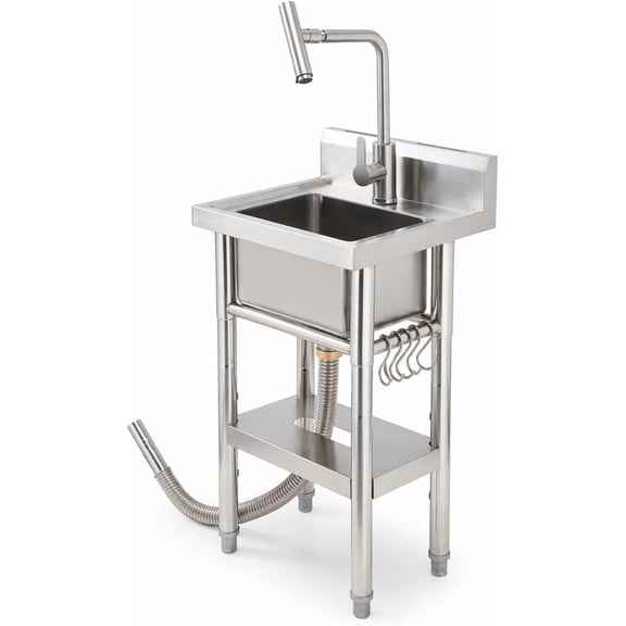 17x15x32 In Compact Freestanding Stainless Steel Utility Sink with T-Shaped Faucet Shelf Hooks