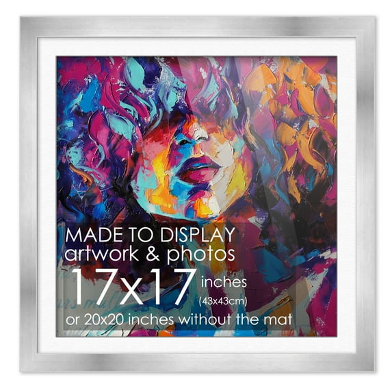 17x17 Frame Silver With White Picture Mat For 17x17 Print - Or 20x20 Art Without the Photo Mat -