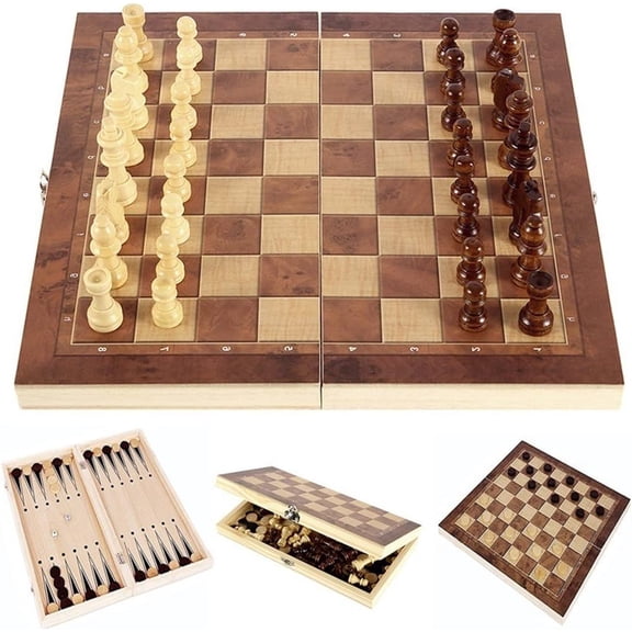 17x17 Inch Folding Wooden 3-in-1 Chess Board Set for Chess Backgammon and Checkers
