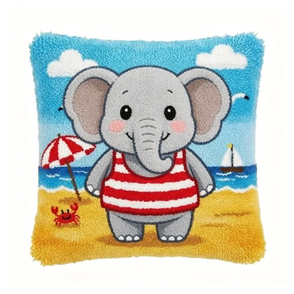 17x17 Inch Latch Hook Pillow Kit,Beach Elephant Color Printed Canvas DIY Craft Set,Easy Handmade Supplies,Parent-Child Art Project for Beginners,Home Decoration & Gift
