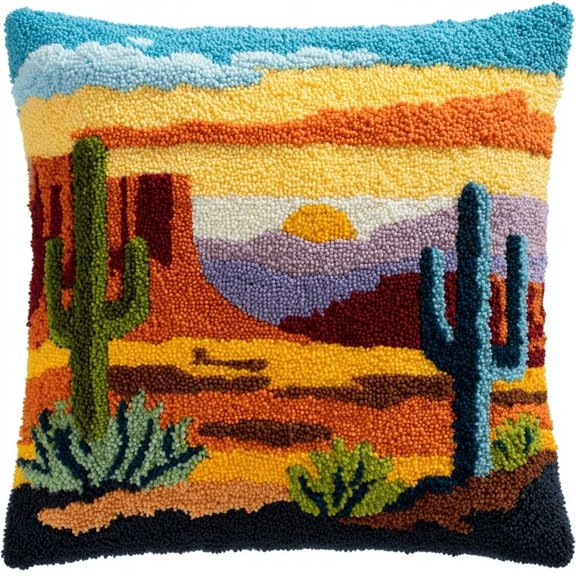17x17 Inch Latch Hook Pillow Kit,Desert cactus Color Printed Canvas DIY Craft Set,Easy Handmade Supplies,Parent-Child Art Project for Beginners,Home Decoration & Gift