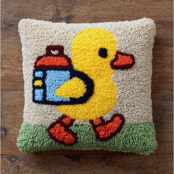17x17 Inch Latch Hook Pillow Kit,The little duck with a backpack Color Printed Canvas DIY Craft Set,Easy Handmade Supplies,Parent-Child Art Project for Beginners,Home Decoration & Gift