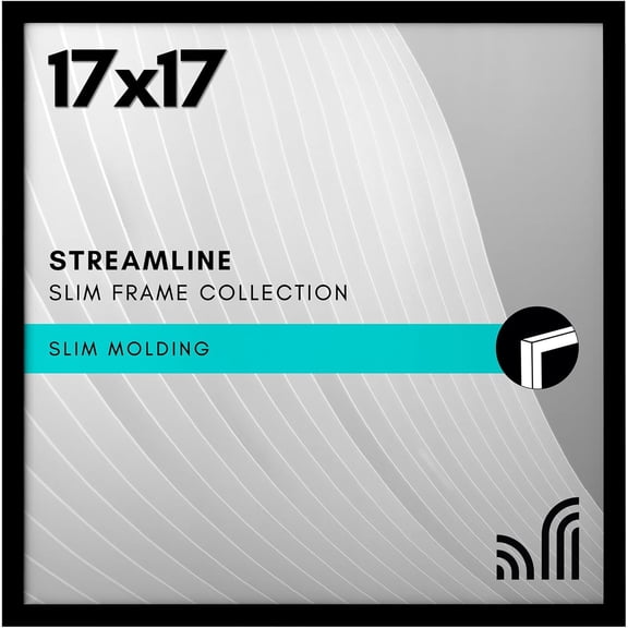 17x17 Picture Frame with Polished Plexiglass - Streamline Collection - Thin Border Square Frame for Wall Display - Hanging Hardware Included - Black