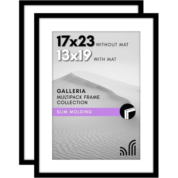 17x23 Picture Frame with Polished Plexiglass - Set of 2 - Use as 13x19 Frame with Mat or Display 17x23 Photo Without Mat - Galleria Collection - Picture Frames for Wall Display - Black