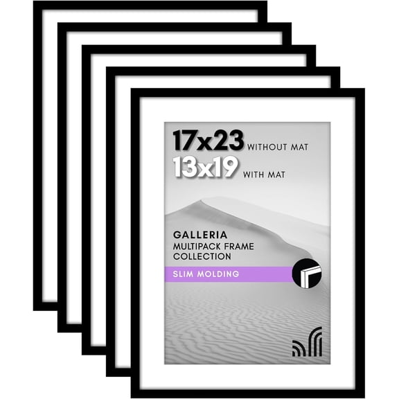 17x23 Picture Frame with Polished Plexiglass - Set of 5 - Use as 13x19 Frame with Mat or Display 17x23 Photo Without Mat - Galleria Collection - Picture Frames for Wall Display - Black