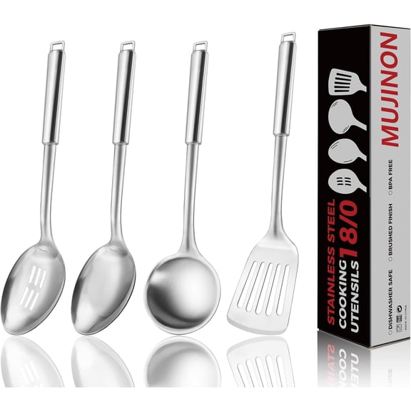18/0 Stainless Steel Kitchen Cooking Utensil Set, Ergonomic Handle, Dishwasher Safe, Slotted Spoon, Ladle, Turner, Serving Spoon for Housewarming Daily Use Commercial, Pack of 4