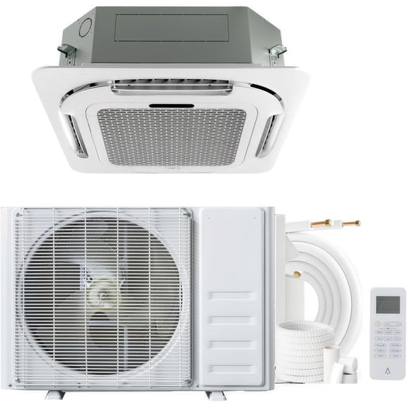 18,000 BTU Ceiling Cassette Mini Split AC, 8-Way 360° Airflow Ductless Cooling & Heating Unit with Remote Control, 208/230V, 25ft Installation Kit